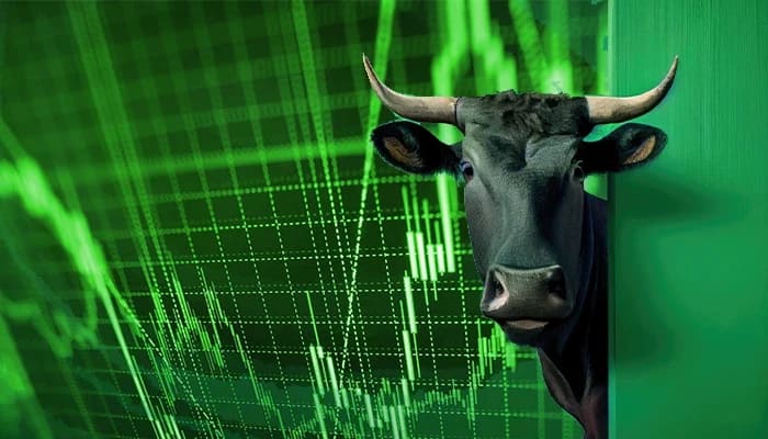 bull in front of a stock chart